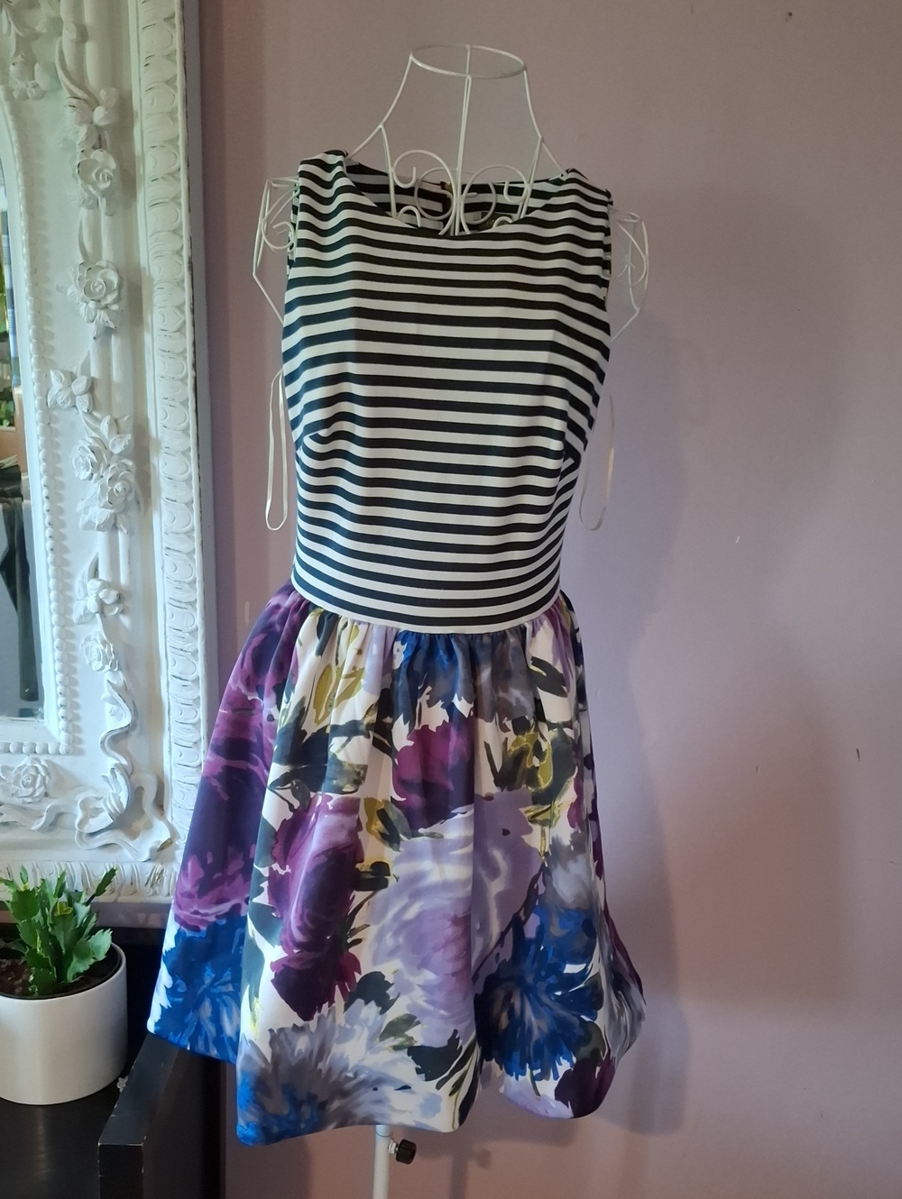 Taylor Striped Navy Bodice with Purple & Blue Floral Midi Dress